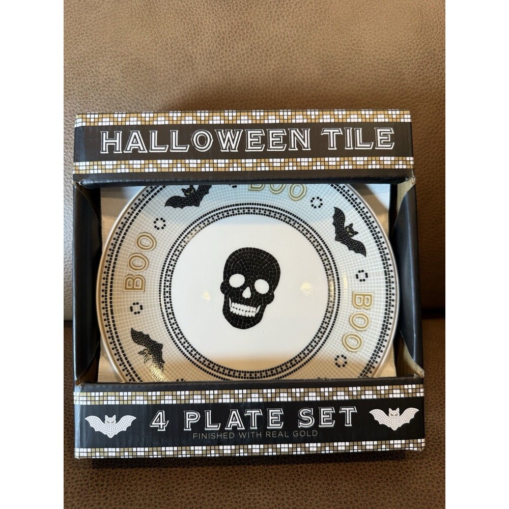 Haunted House Halloween Plates Witch Skeletons Ghost Set/4 Eaton Fine Dining New